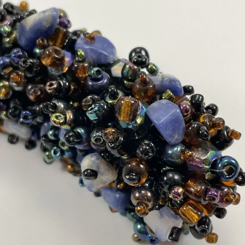 Statement Chunky Seed Bead Sodalite Stone Chips Stretch Boho Bracelet 6.5”